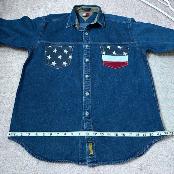 Vintage Tommy Hilfiger Blue Denim Shirt American Flag Star Pockets Size XL - Picture 6 of 11